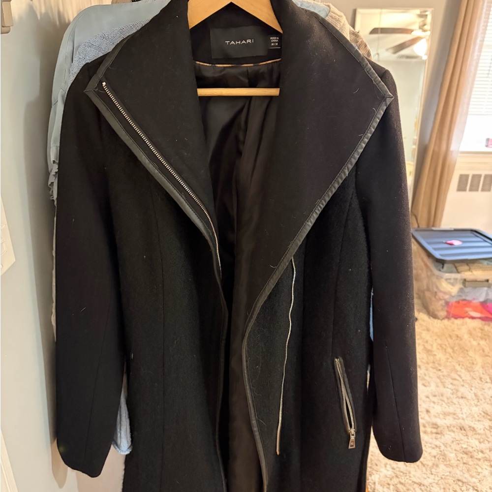 Tahari Black Wool-Blend Asymmetrical Zip Trench Coat